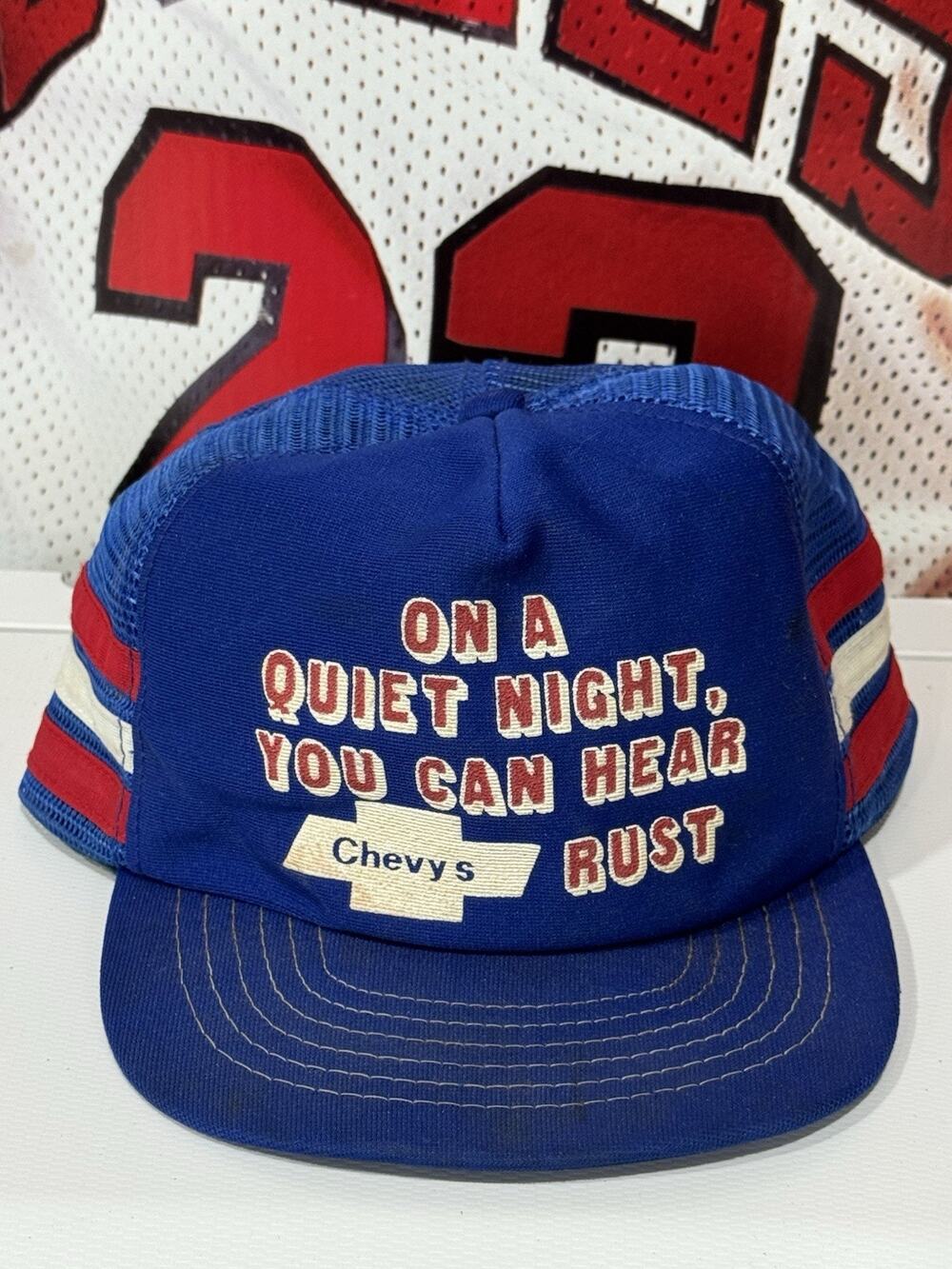 Vintage • A Chevys Rust • Hat Cap Snap Back Mesh Trucker Blue Three Stripes
